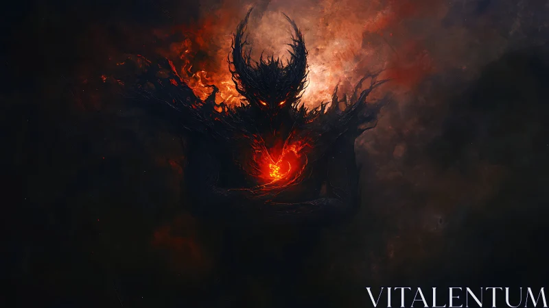 Dark infernal entity with molten core in digital painting.