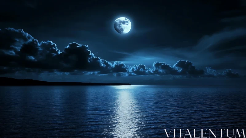 Full moon over calm ocean with glowing blue reflection.