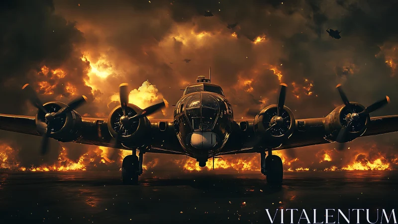 Front-facing four‑engine bomber rendered in dramatic firelit contrast