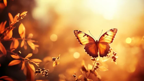 Sunlit monarch hovers like amber glass in warm evening haze