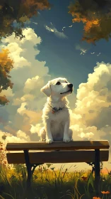 Golden puppy on park bench under luminous summer sky.