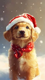 Golden retriever puppy wears Santa hat in winter snow.