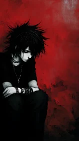 Melancholic goth boy against blood red abstract wall.
