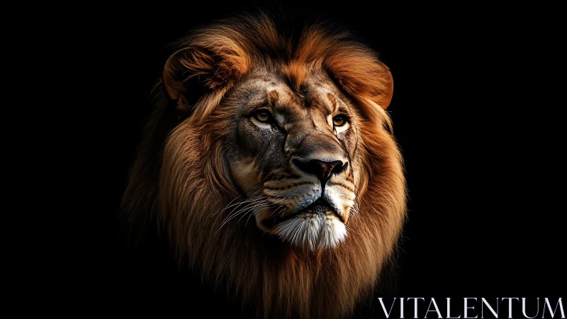 Male lion portrait is rendered against uniform black background