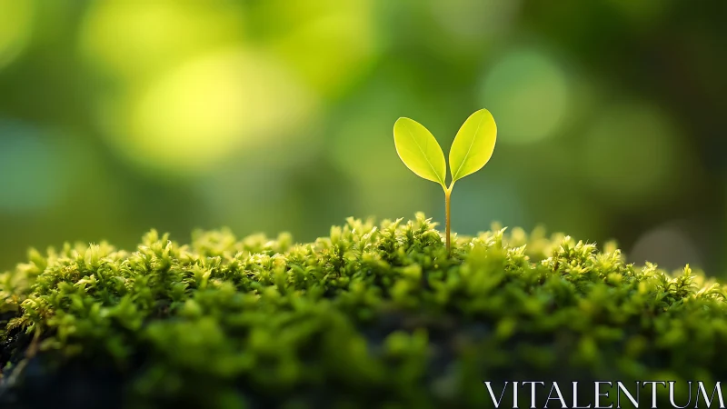 Photorealistic macro of seedling emerging from moss bed.
