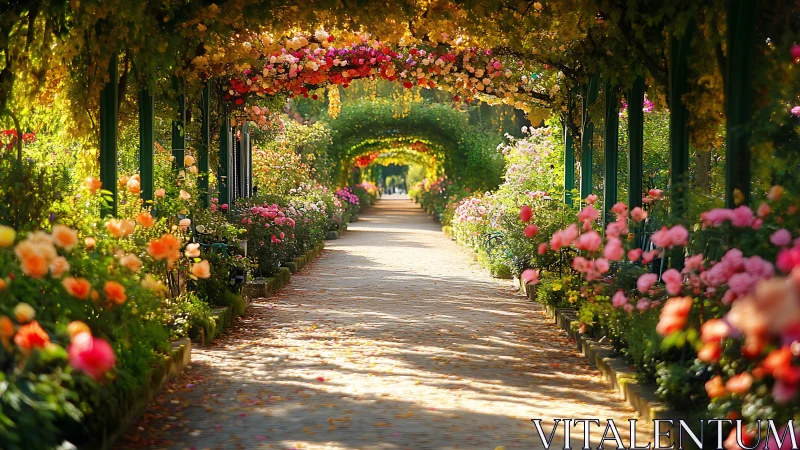 Sunlit rose tunnel invites a peaceful stroll through blooms