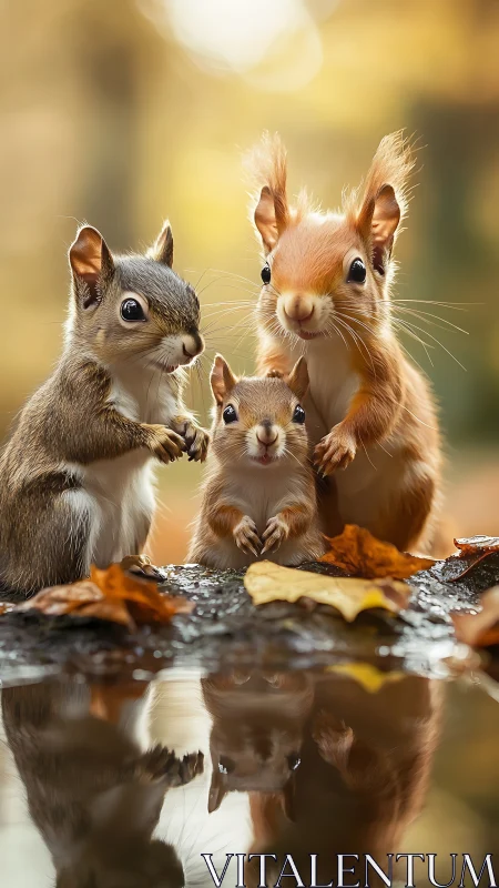 Three autumn squirrels reflect over golden forest pool.