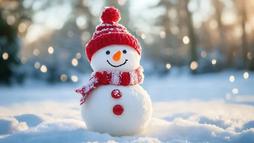 Snowman in red knitwear under glowing winter bokeh light.