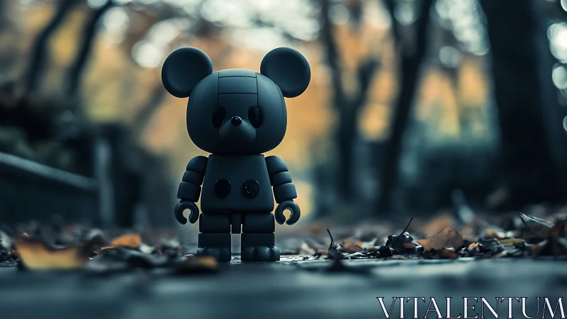 Toy robot bear stands alone on moody autumn pathway.