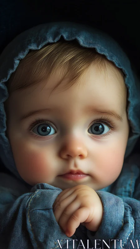 Infant with Blue Hood Gazing Forward in Soft Light