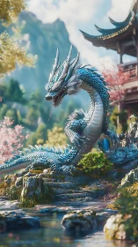 Blue dragon beside traditional pavilion in mountain garden.