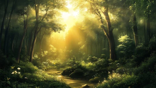 Luminous Forest Path with Golden Sunlight Through Towering Trees.