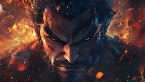 Fierce warrior&rsquo;s burning resolve framed in storm of embers.