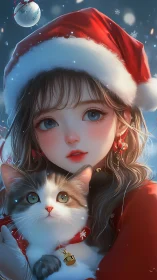 Anime girl in red Santa outfit cuddling cat in snowfall