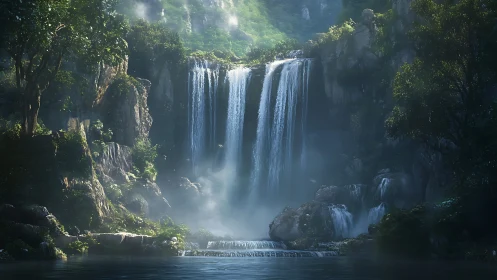 Sunlit jungle waterfall cascades into a misty hidden pool.