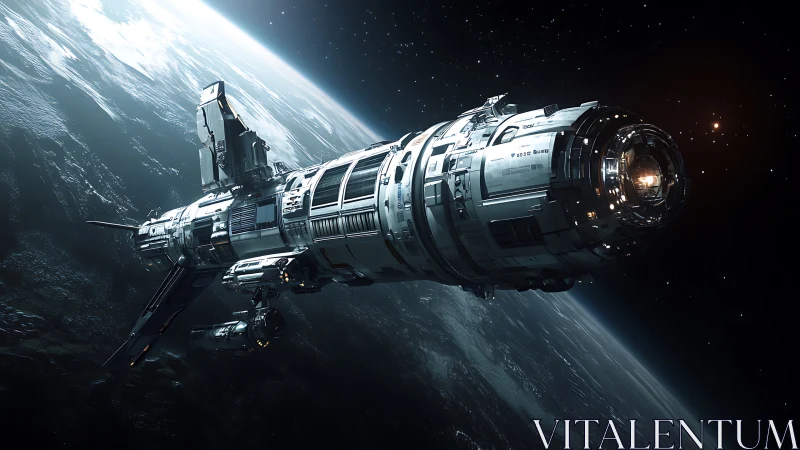 Orbital research starship cruising above illuminated Earth.