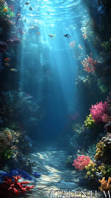 Sunlit coral canyon reveals a tranquil underwater pathway