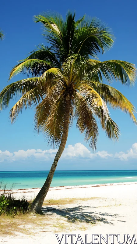 Coconut palm tree on white sand beach against turquoise ocean