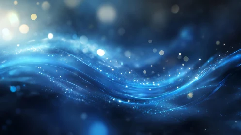 Abstract blue light waves with glowing particles, digital art style.
