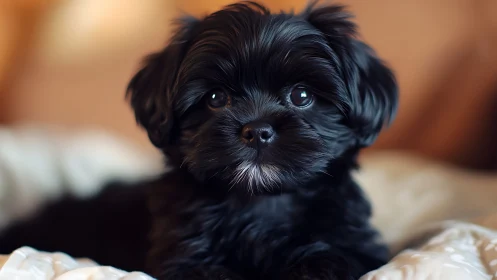 Black puppy lies on soft bedding in warm indoor light