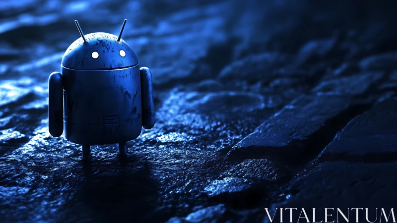 Nocturnal field-robot on wet cobblestones, emissive optics.