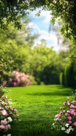 Photorealistic garden lawn framed by flowering borders and canopy.