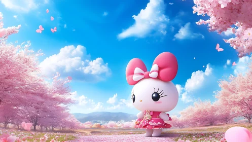 Cute bunny character in pink dress under cherry blossoms.