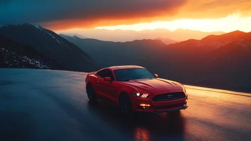 Crimson muscle car prowls a molten sunset mountain highway.