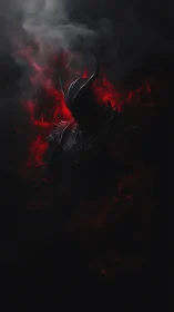 Shadow warlord emerges through crimson inferno haze.