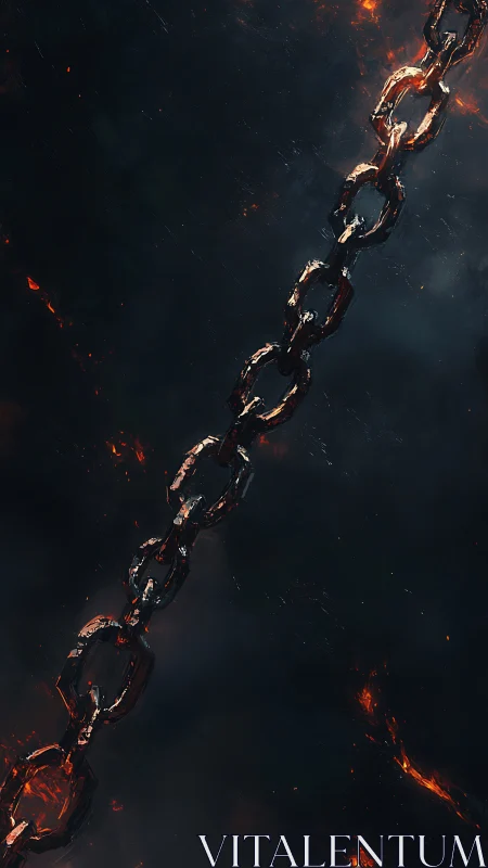 Molten steel chain suspended in dark ember-laced void.