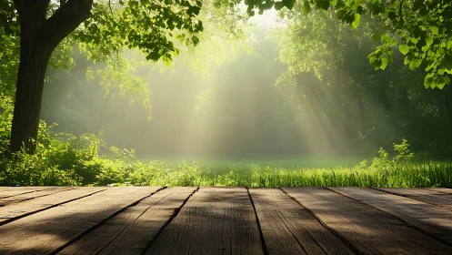 Wooden platform overlooking misty forest with sunlit canopy.
