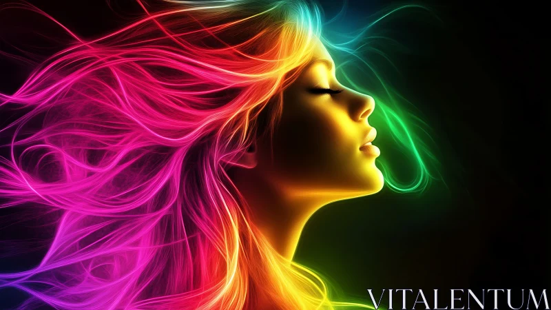 Neon-lit profile of serene woman with flowing rainbow hair.