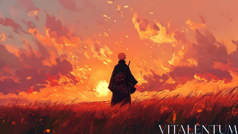 Silhouetted cloaked figure stands in tall grass at sunset