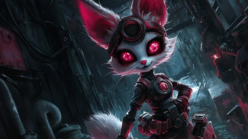 Neon-eyed fox engineer patrols a dripping cyberpunk corridor