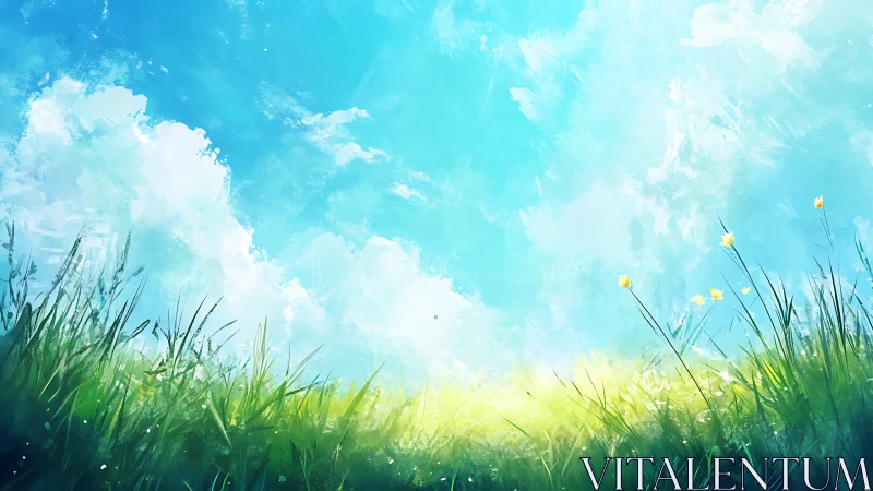 Sunny grassy meadow under bright blue sky painting.