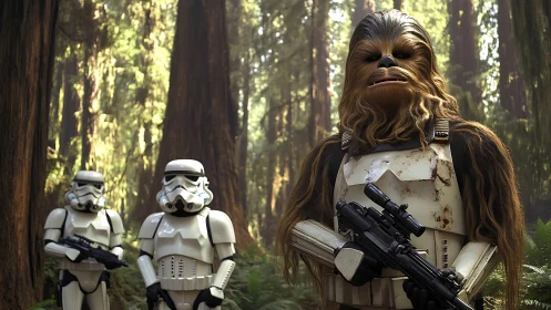 Forest ambush with armored Wookiee and wary troopers poised.