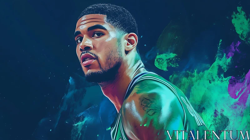 Neon-splashed baller studies the court under cosmic lights