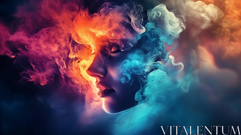 Bicolor volumetric smoke envelopes side-lit female profile portrait