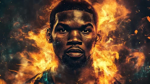 Digital portrait of male face encircled by dynamic fiery plasma