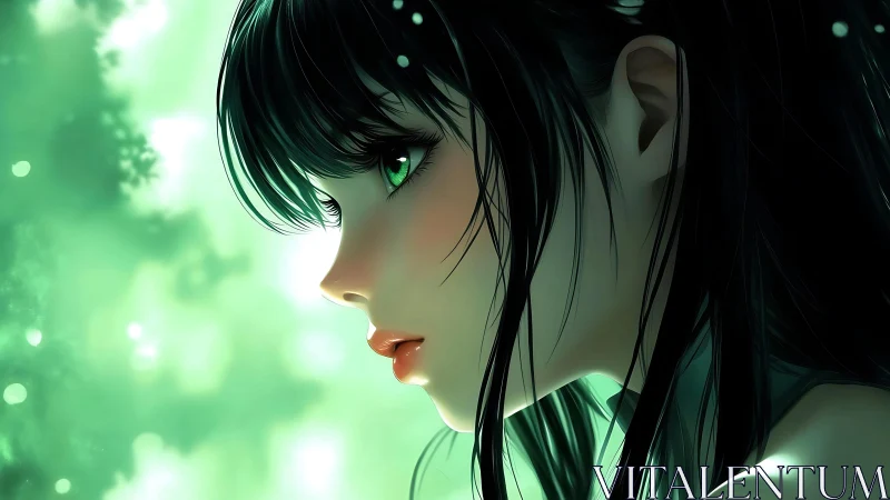 Profile portrait of green-eyed girl in luminous anime style