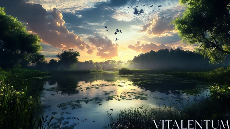 Sunrise reflections over tranquil misty forest lakescape.