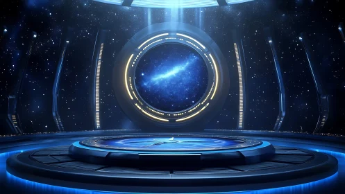 Futuristic starship bridge with circular space portal view.