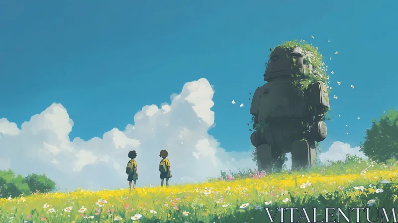 Children confront overgrown meadow robot under summer sky.