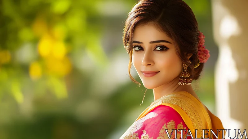 Soft bokeh portrait of woman in traditional attire, warm key lighting