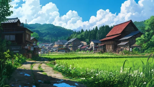 Rural village houses beside irrigated rice fields under clouds.