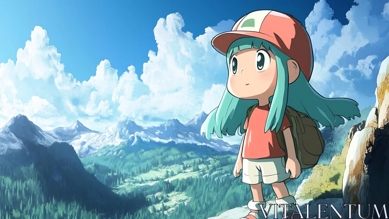 Child hiker on mountain ledge overlooking alpine valley.