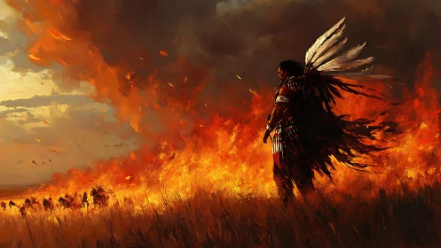 Warrior stands before advancing wildfire in burning field