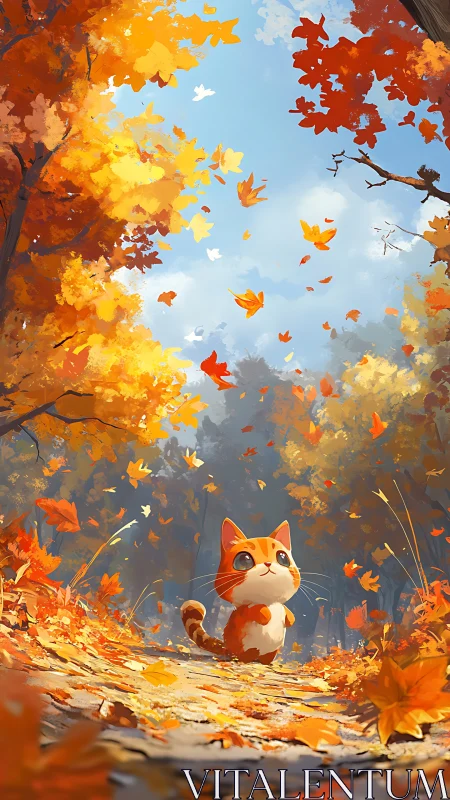 Orange cat on forest path under falling autumn leaves.