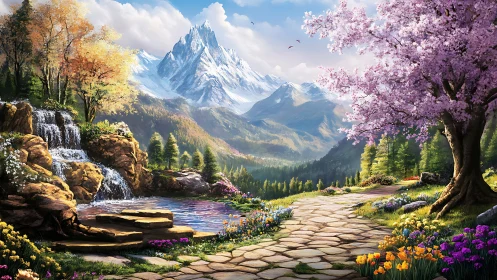 Mountain valley path with waterfall, lake, and blossoms.