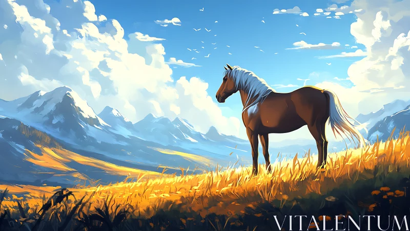 Majestic chestnut horse surveys glowing alpine meadow.